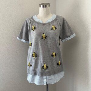 Anthropologie Floreat Beaded Bumble Bee Pullover Sweatshirt Short Sleeve Grey M